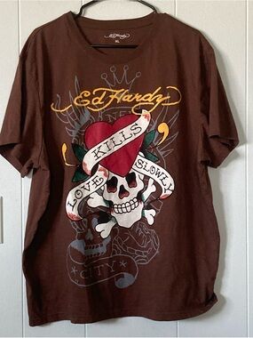 Ed Hardy SZ XL Brown Tee with Red Heart & Skull Graphic Cotton Mix NEW